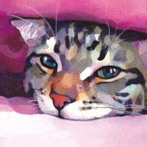 Adorable cat painted in watercolours, staying cosy under pink blankets